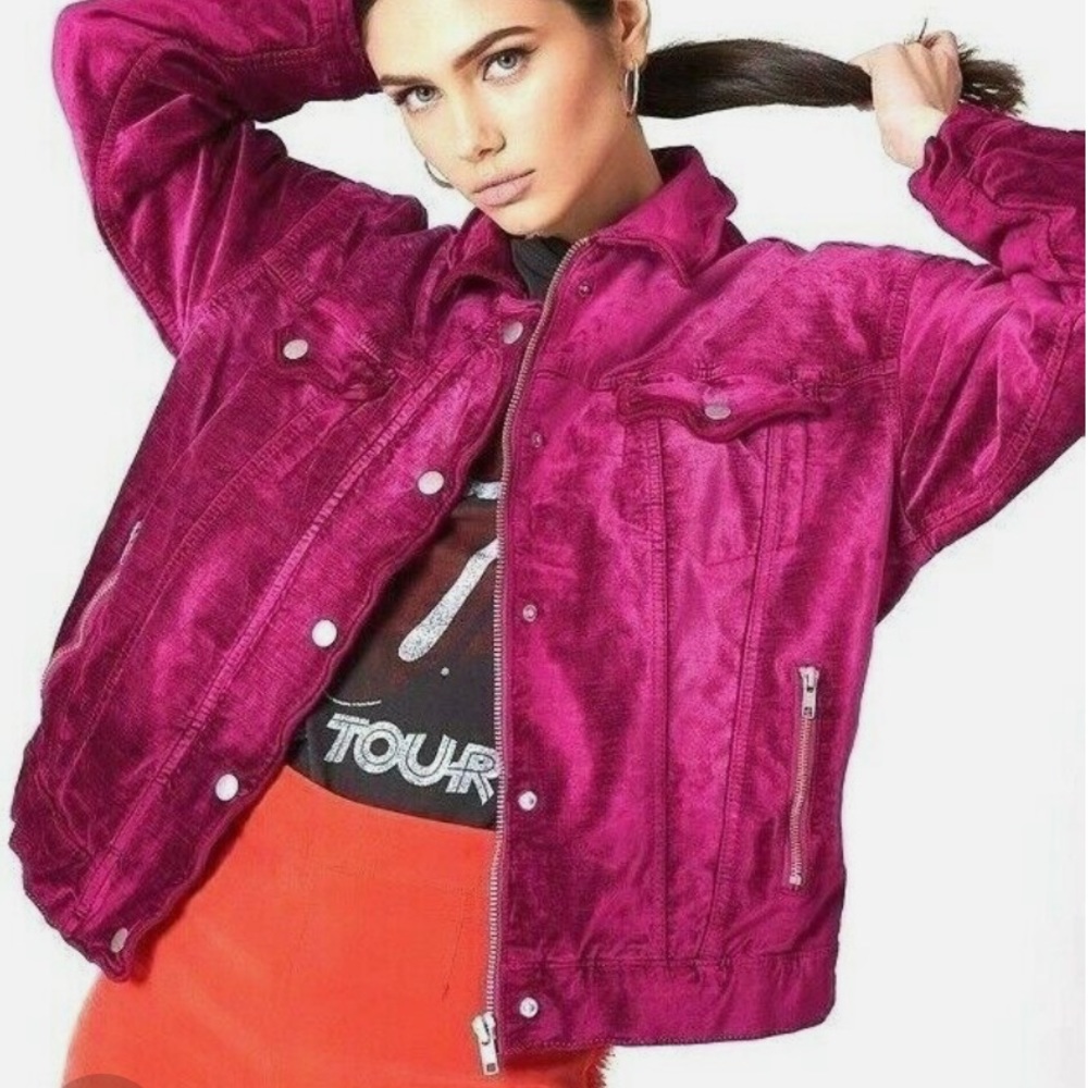 Free People Magenta Velvet Bomber Jacket